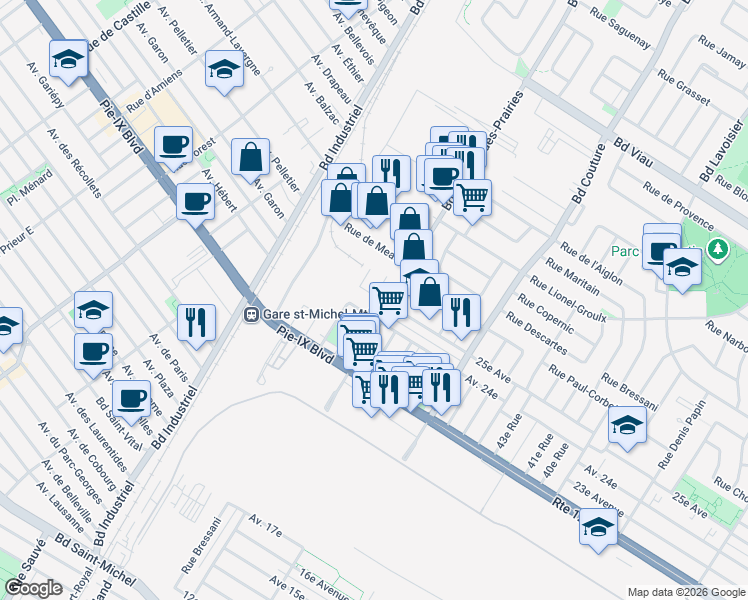 map of restaurants, bars, coffee shops, grocery stores, and more near 9348 25e Av in Montréal