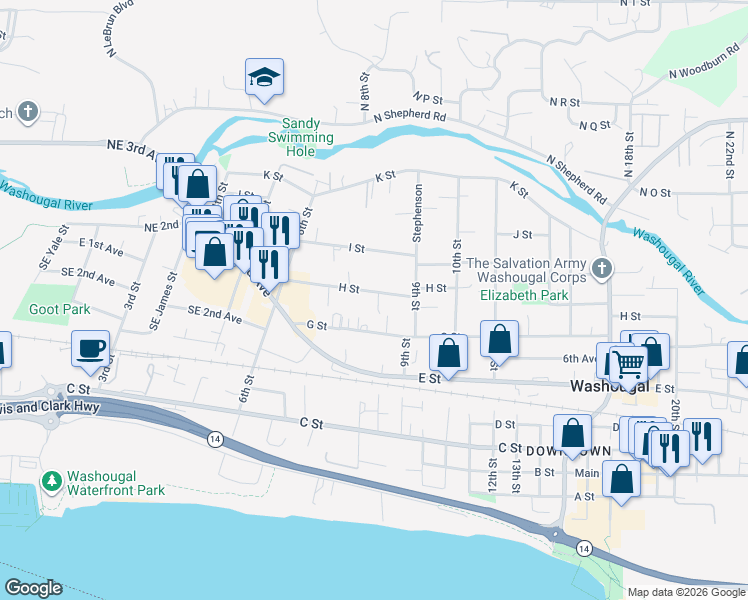 map of restaurants, bars, coffee shops, grocery stores, and more near 820 H Street in Washougal