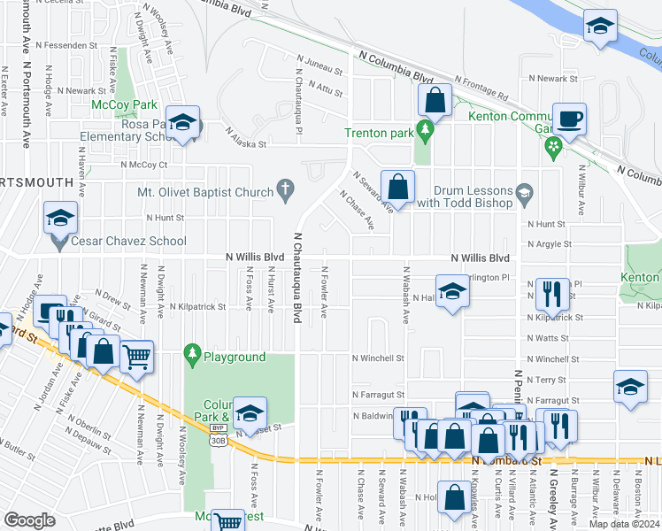map of restaurants, bars, coffee shops, grocery stores, and more near 3842 North Willis Boulevard in Portland