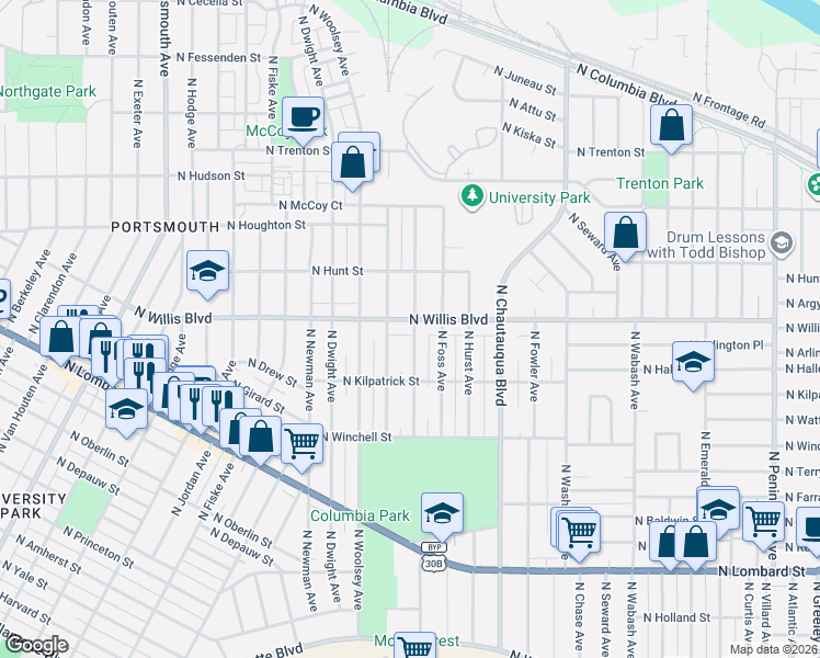 map of restaurants, bars, coffee shops, grocery stores, and more near 4306 North Willis Boulevard in Portland