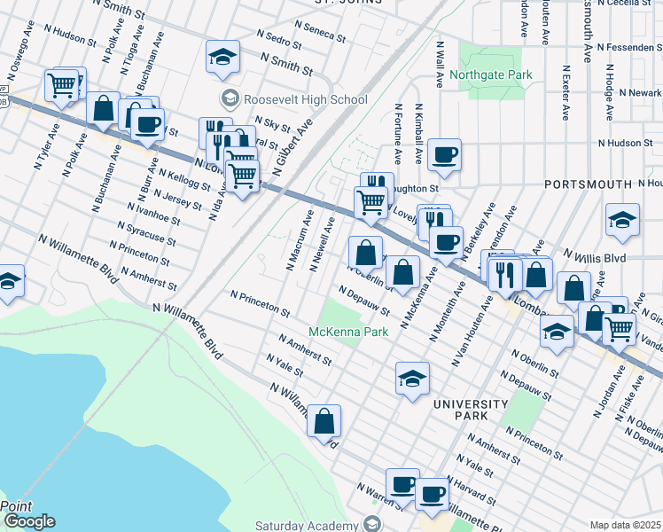 map of restaurants, bars, coffee shops, grocery stores, and more near 7322 North Westanna Avenue in Portland