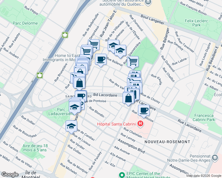 map of restaurants, bars, coffee shops, grocery stores, and more near 7180 Rue Nicolas-Gaudais in Montréal