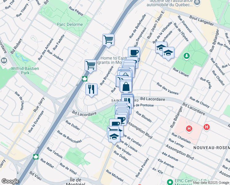 map of restaurants, bars, coffee shops, grocery stores, and more near 5650 Rue du Hautbois in Montréal