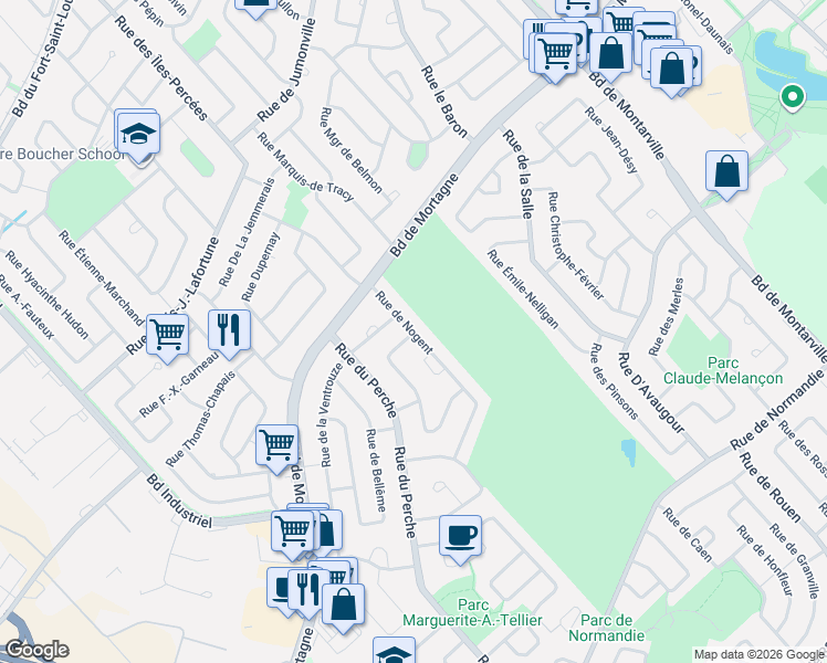 map of restaurants, bars, coffee shops, grocery stores, and more near 1011 Rue de Nogent in Boucherville