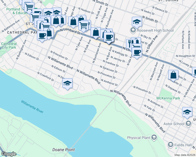 map of restaurants, bars, coffee shops, grocery stores, and more near 6949 North Burr Avenue in Portland