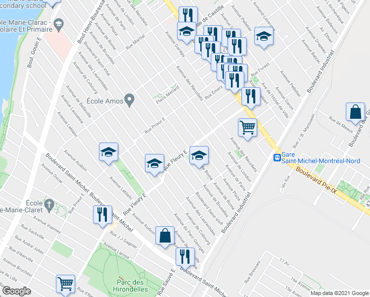 map of restaurants, bars, coffee shops, grocery stores, and more near 3741 Rue Fleury Est in Montréal