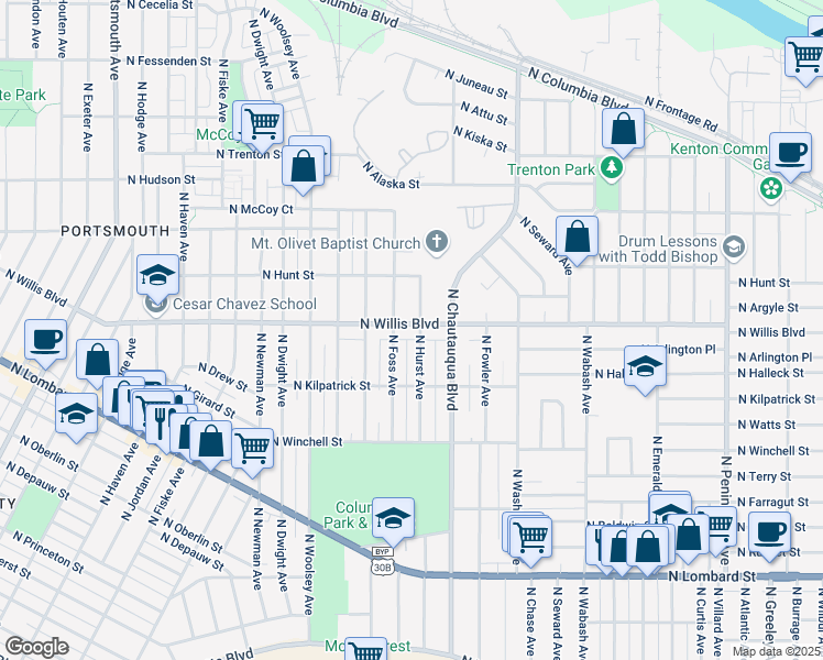 map of restaurants, bars, coffee shops, grocery stores, and more near 4116 North Willis Boulevard in Portland