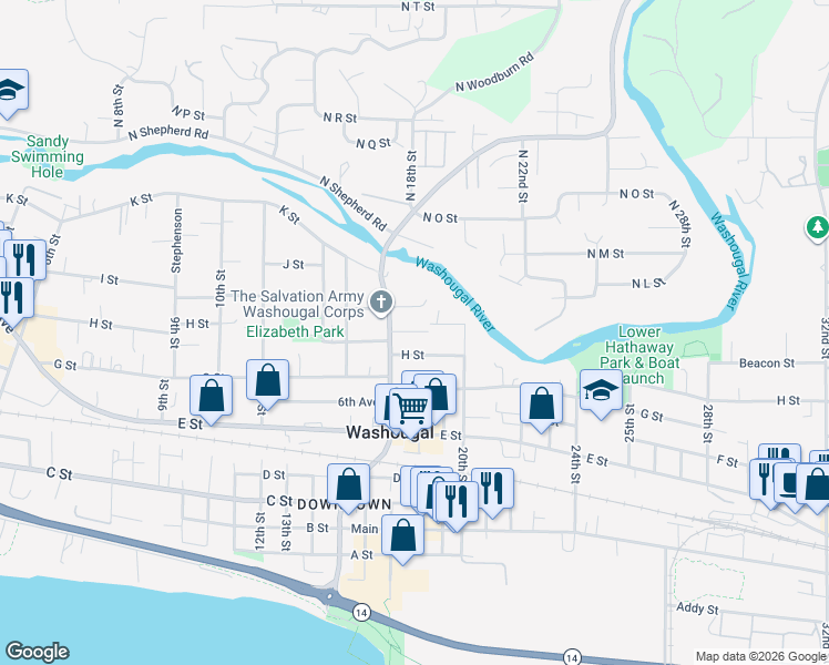 map of restaurants, bars, coffee shops, grocery stores, and more near 830 Washougal River Road in Washougal
