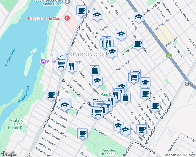 map of restaurants, bars, coffee shops, grocery stores, and more near 10618 Avenue de Belleville in Montréal