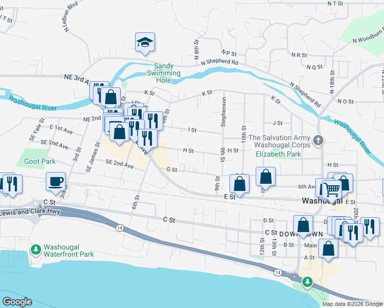 map of restaurants, bars, coffee shops, grocery stores, and more near 766 H Street in Washougal