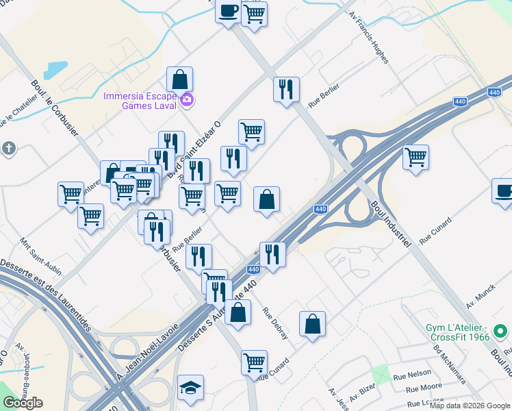 map of restaurants, bars, coffee shops, grocery stores, and more near 1522 Rue Berlier in Laval