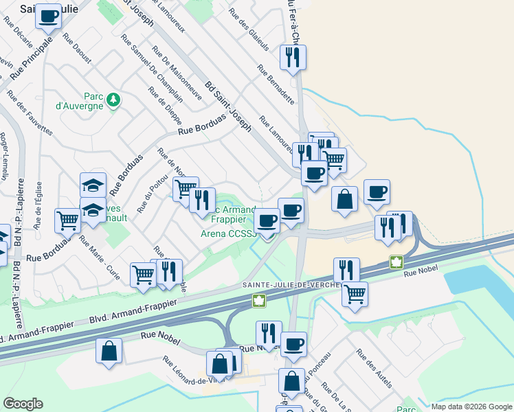 map of restaurants, bars, coffee shops, grocery stores, and more near 314 Rue de Normandie in Sainte-Julie