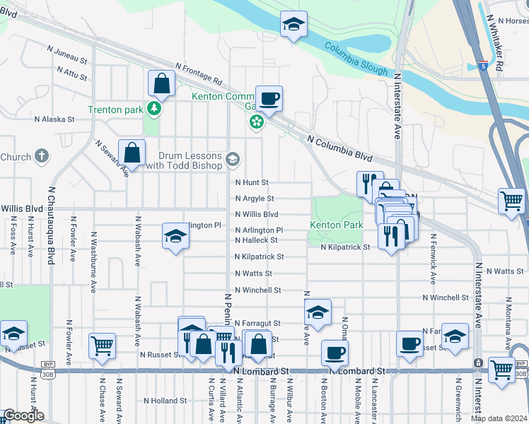 map of restaurants, bars, coffee shops, grocery stores, and more near 8421 North Burrage Avenue in Portland