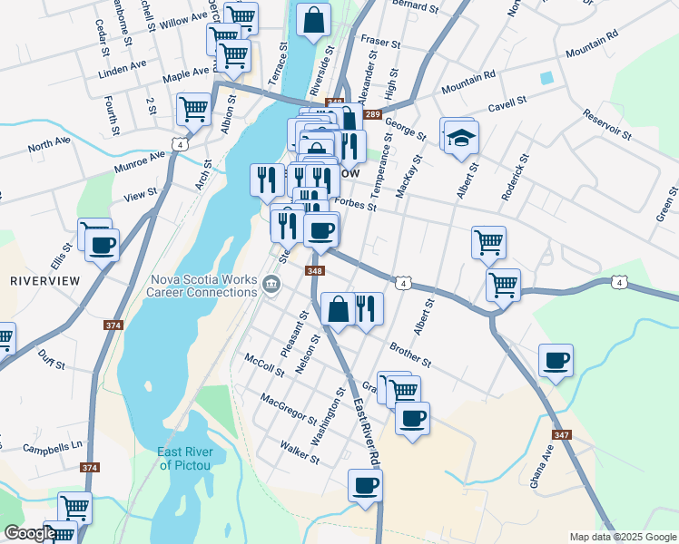 map of restaurants, bars, coffee shops, grocery stores, and more near 46 Donald Street in New Glasgow