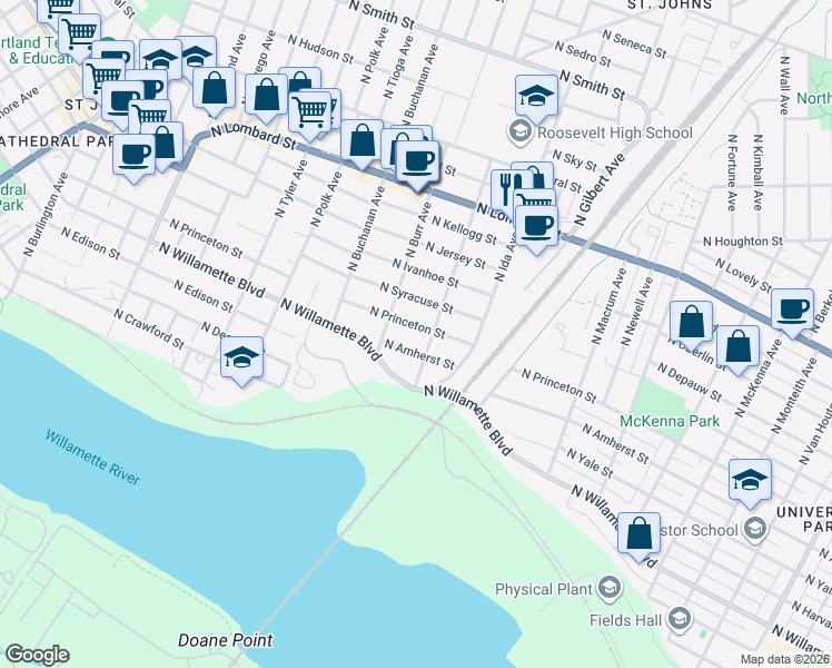 map of restaurants, bars, coffee shops, grocery stores, and more near 7126 North Princeton Street in Portland