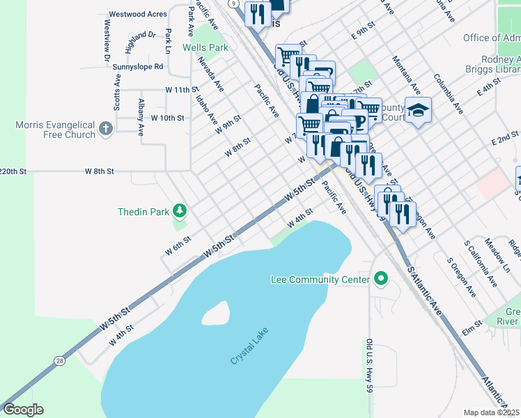 map of restaurants, bars, coffee shops, grocery stores, and more near 309 West 5th Street in Morris