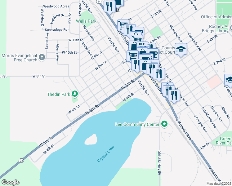 map of restaurants, bars, coffee shops, grocery stores, and more near 309 West 5th Street in Morris