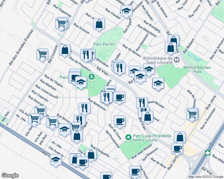 map of restaurants, bars, coffee shops, grocery stores, and more near Rue Perrier in Montréal