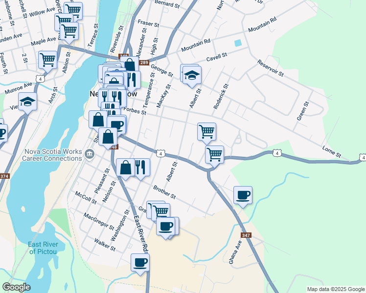 map of restaurants, bars, coffee shops, grocery stores, and more near 390 Nova Scotia Trunk 4 in New Glasgow