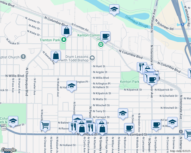 map of restaurants, bars, coffee shops, grocery stores, and more near 2835 North Willis Boulevard in Portland