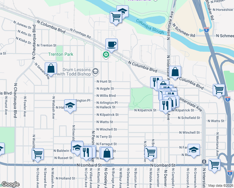 map of restaurants, bars, coffee shops, grocery stores, and more near 2621 North Willis Boulevard in Portland