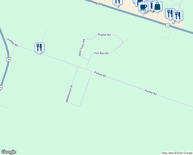 map of restaurants, bars, coffee shops, grocery stores, and more near 696 Pattee Road in Hawkesbury