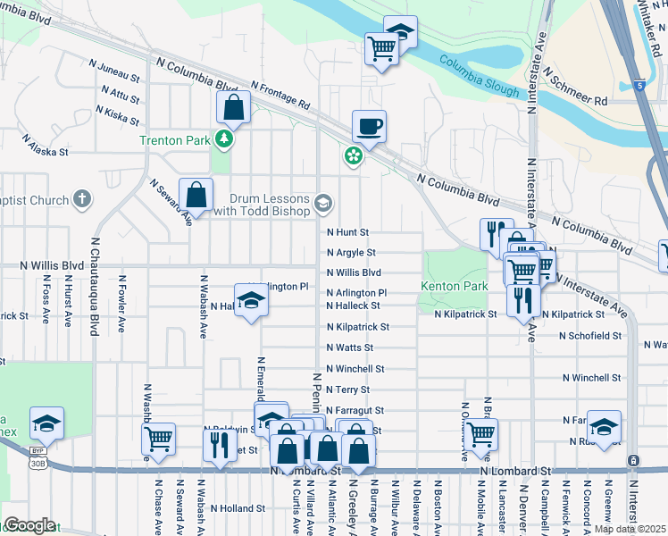 map of restaurants, bars, coffee shops, grocery stores, and more near 2835 North Willis Boulevard in Portland