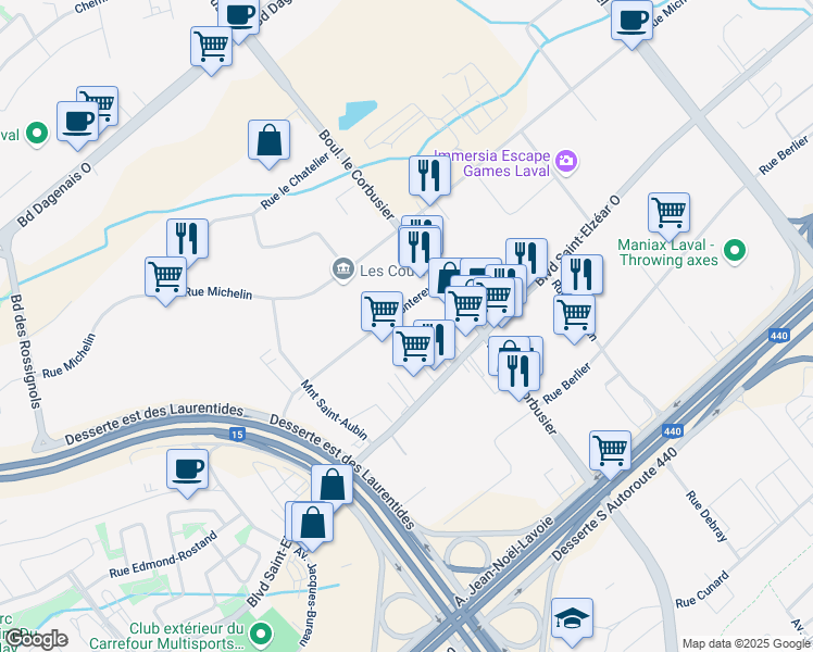 map of restaurants, bars, coffee shops, grocery stores, and more near 1980 Rue Monterey in Laval