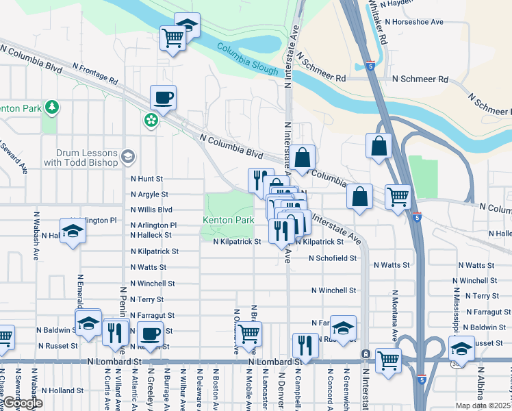 map of restaurants, bars, coffee shops, grocery stores, and more near 8408 North Brandon Avenue in Portland