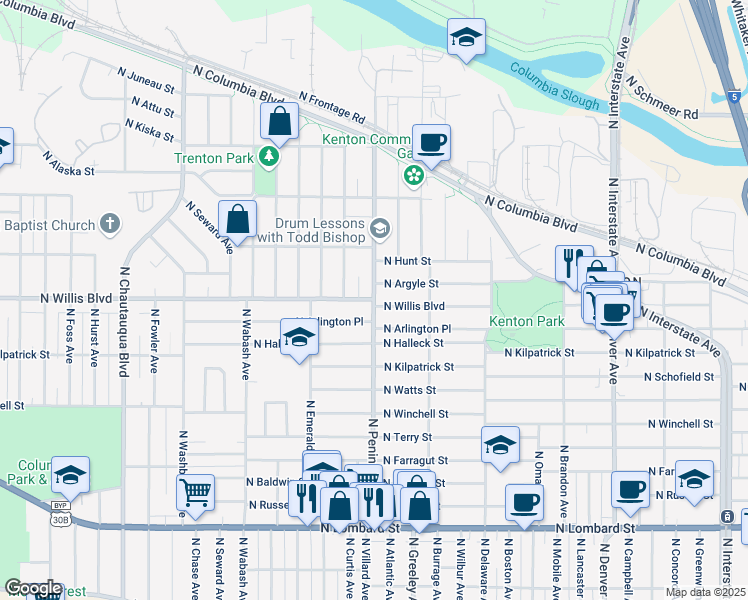 map of restaurants, bars, coffee shops, grocery stores, and more near North Willis Boulevard & North Peninsular Avenue in Portland