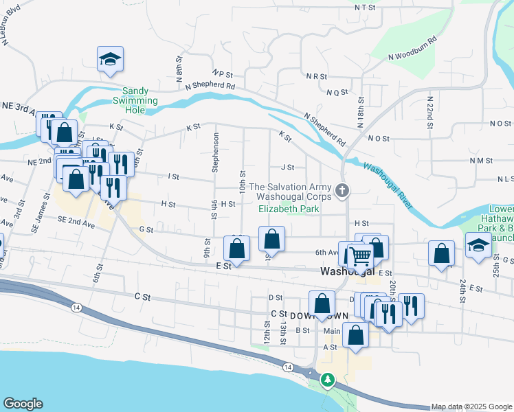 map of restaurants, bars, coffee shops, grocery stores, and more near 835 12th Street in Washougal