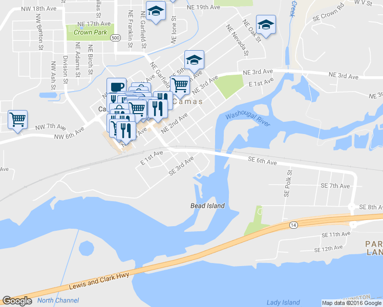 map of restaurants, bars, coffee shops, grocery stores, and more near 325 Southeast Franklin Street in Camas