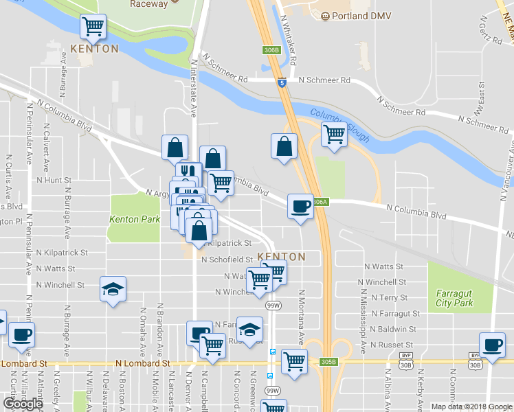 map of restaurants, bars, coffee shops, grocery stores, and more near 1610 North Willis Boulevard in Portland