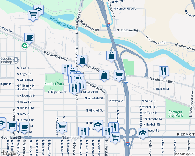 map of restaurants, bars, coffee shops, grocery stores, and more near 1610 North Willis Boulevard in Portland