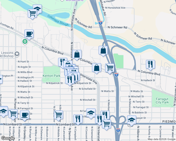 map of restaurants, bars, coffee shops, grocery stores, and more near 1610 North Willis Boulevard in Portland