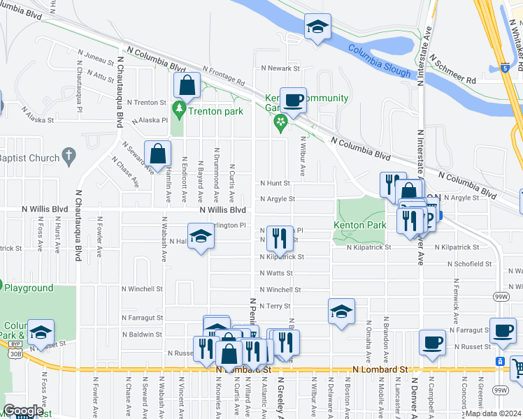 map of restaurants, bars, coffee shops, grocery stores, and more near 8318 North Peninsular Avenue in Portland