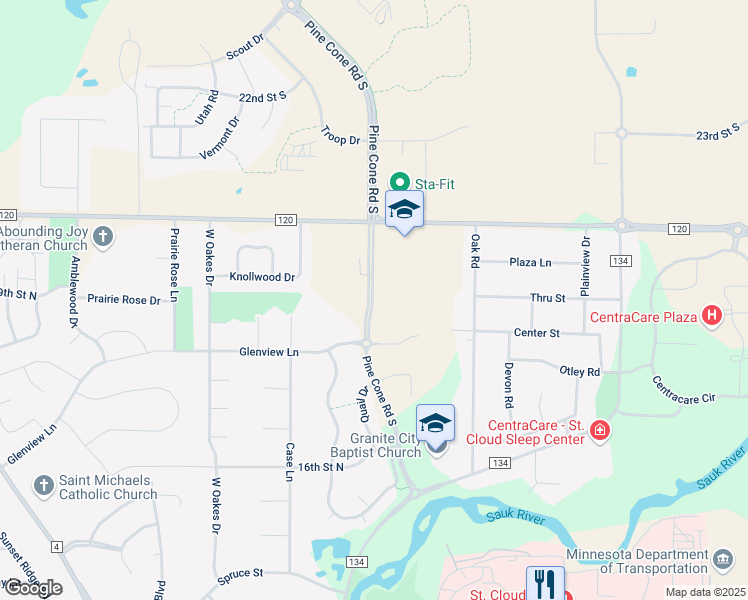 map of restaurants, bars, coffee shops, grocery stores, and more near 5269 Center Street in St. Cloud