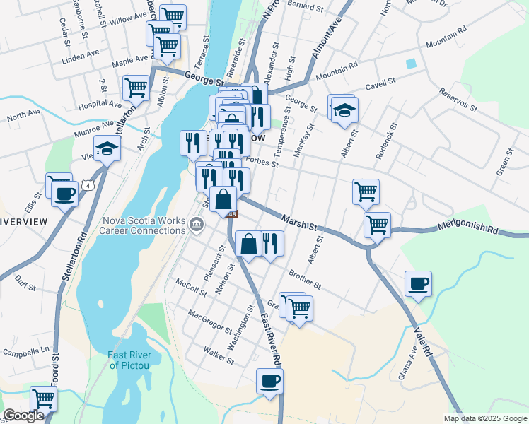map of restaurants, bars, coffee shops, grocery stores, and more near 235 Marsh Street in New Glasgow