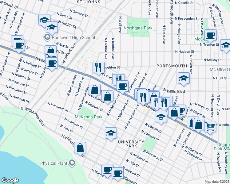 map of restaurants, bars, coffee shops, grocery stores, and more near 7456 North McKenna Avenue in Portland