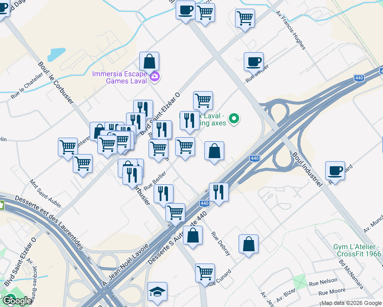 map of restaurants, bars, coffee shops, grocery stores, and more near 1732 Rue Berlier in Laval