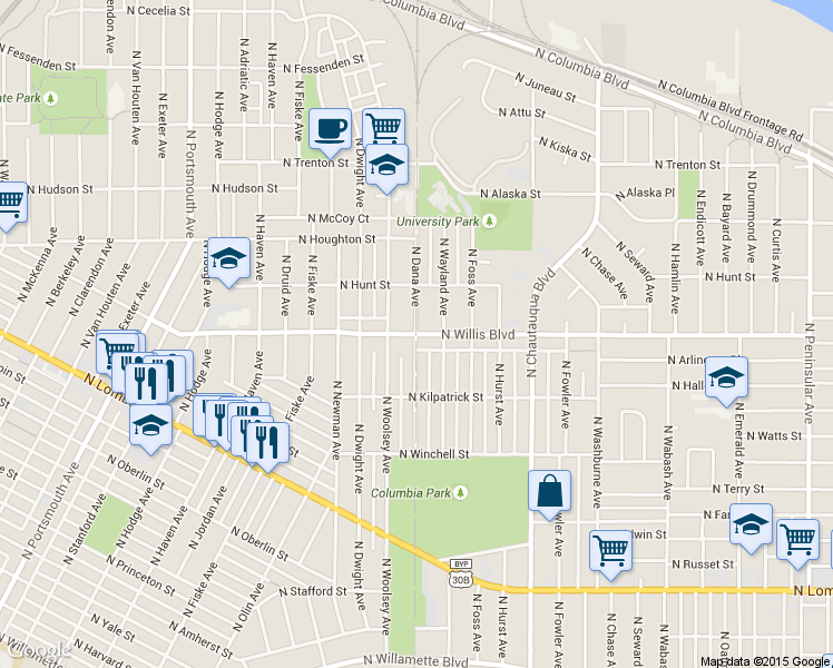 map of restaurants, bars, coffee shops, grocery stores, and more near N Willis Blvd & N Dana Ave in Portland