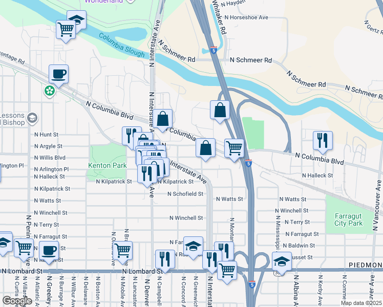 map of restaurants, bars, coffee shops, grocery stores, and more near 1575 North Willis Boulevard in Portland