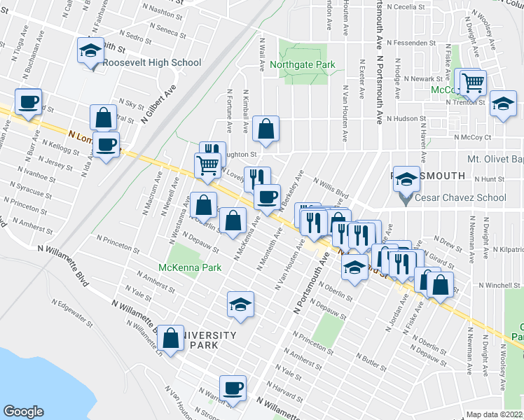 map of restaurants, bars, coffee shops, grocery stores, and more near N Lombard St & N McKenna Ave in Portland