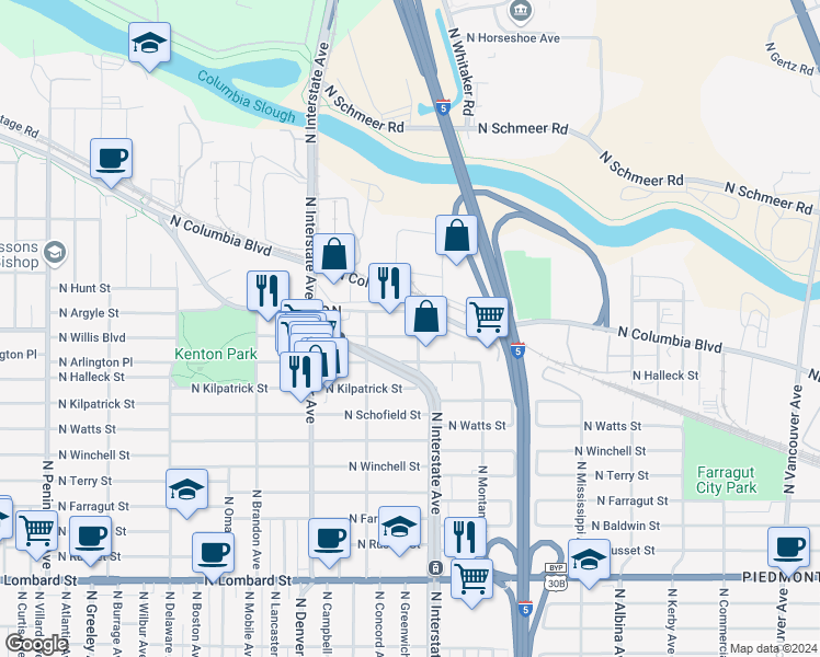 map of restaurants, bars, coffee shops, grocery stores, and more near 1610 North Willis Boulevard in Portland