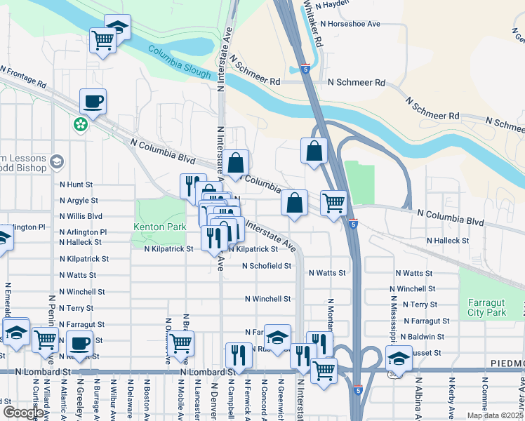 map of restaurants, bars, coffee shops, grocery stores, and more near 8360 North Interstate Avenue in Portland
