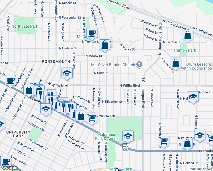 map of restaurants, bars, coffee shops, grocery stores, and more near North Woolsey Avenue in Portland