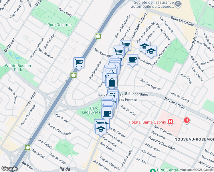 map of restaurants, bars, coffee shops, grocery stores, and more near 5715 Rue Jean-Talon in Montréal