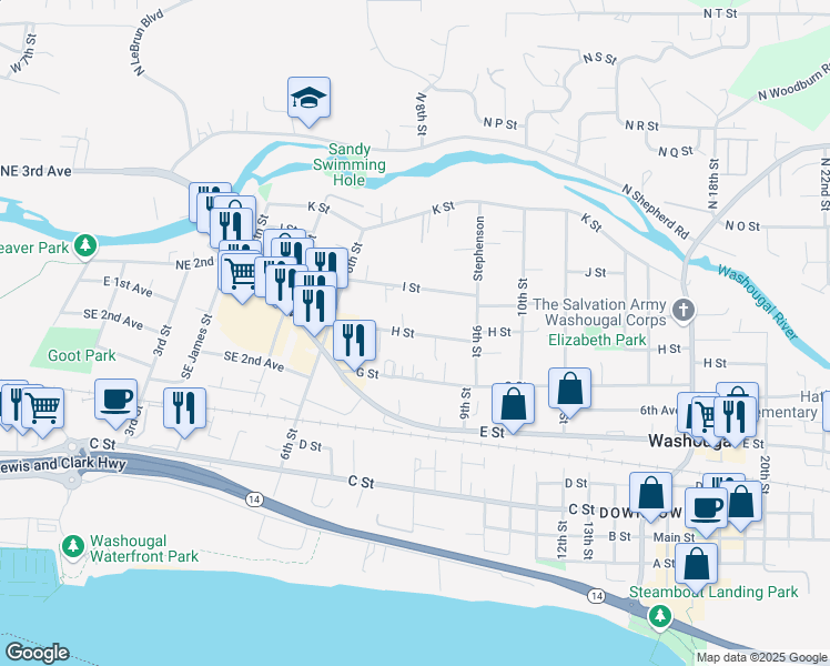 map of restaurants, bars, coffee shops, grocery stores, and more near 762 H Street in Washougal