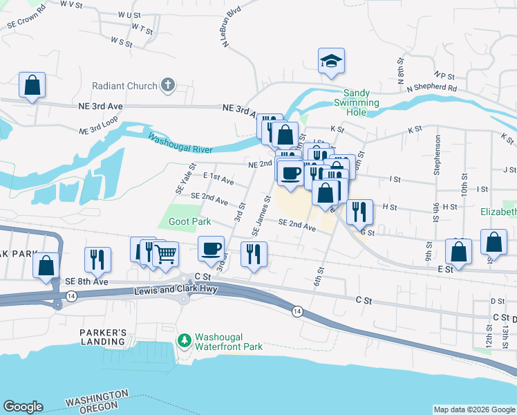 map of restaurants, bars, coffee shops, grocery stores, and more near 3208 Southeast 2nd Avenue in Camas