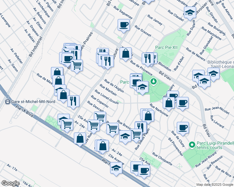map of restaurants, bars, coffee shops, grocery stores, and more near 8997 Rue Maritain in Montréal
